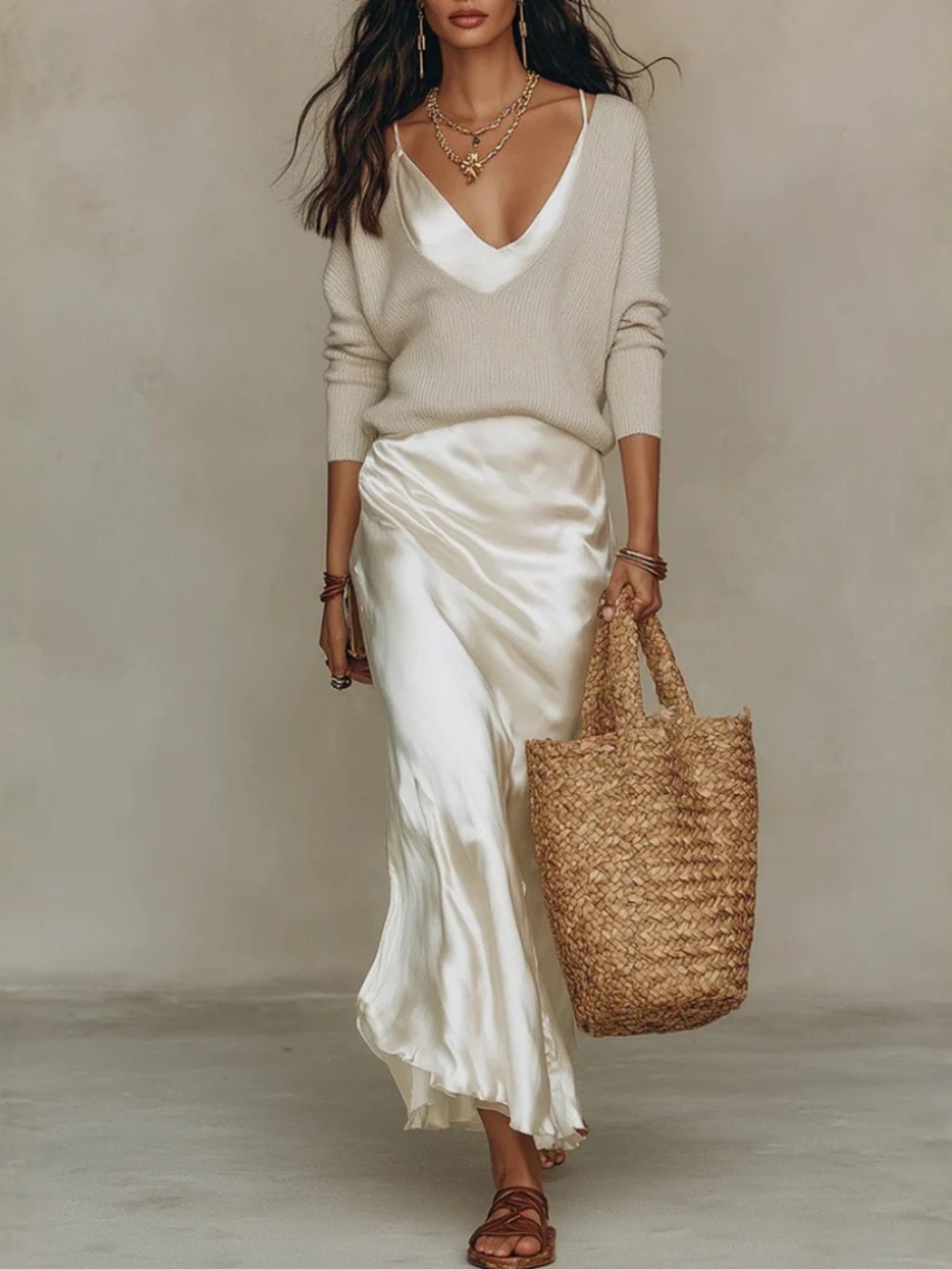 Effortless Ivory Knit with Satin Midi dress assemble